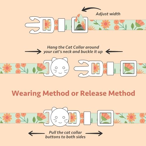 2 Pack Cotton Breakaway Cat Collar Beige and Green Flowers Pendant Cute Kitten Cat Collar with Bell - color: Beige&Green