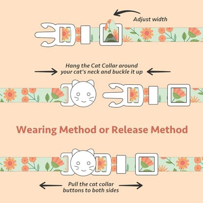 2 Pack Cotton Breakaway Cat Collar Beige and Green Flowers Pendant Cute Kitten Cat Collar with Bell - color: Beige&Green