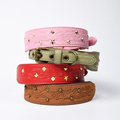 Blueberry Pet Premium Embossed Red Glam Silver-Powered Freshness Microfiber Leather Dog Collar with Gold Studs - color: Red, size: Small