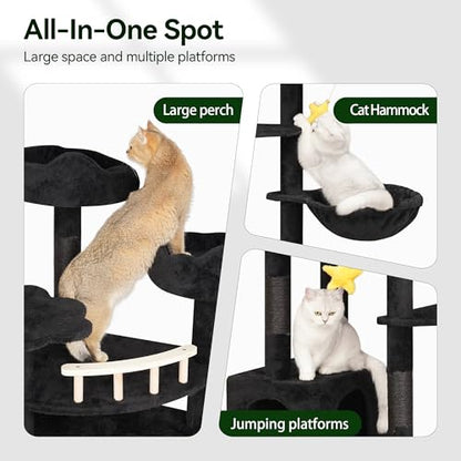 Meecal 79inch Giant Cat Tree for Heavy Duty Big Cats, Multi-Level Luxury Cat Tower with Scratching Post, Cat Condo with Hammocks & Plush Perches for Indoor Cats Large Adult, Black - color: Black