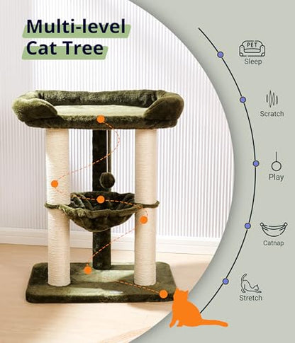 Happi N Pets 28" Cat Tree, Large Bed for Big Cats, Small Cat Tower with Soft Perch for Window Viewing, Stable Cat Tree Tower, Cat Scratching Post with Hammock, Removable Cover-Green - color: Olive Green