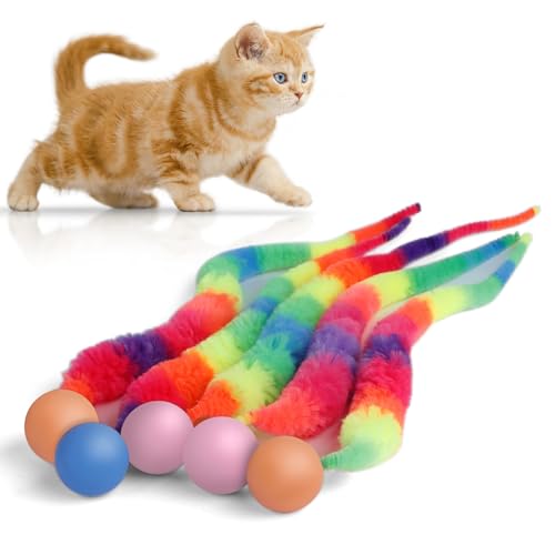 Bouncy Ball with Tail Cat Toys,5 Packs Rainbow Large Magic Worm with Ball Toy for Cats,Colorful Fuzzy Worm Bouncy Balls Cat Toy - color: Large Rainbow fuzzy worm (Premium)