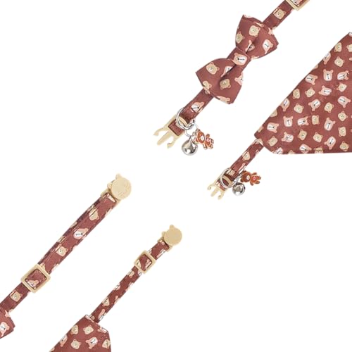 Cat Collar Breakaway with Cute Bow Tie Bandana and Bell Accessories Bear for Kitty Adjustable Safety - color: bear
