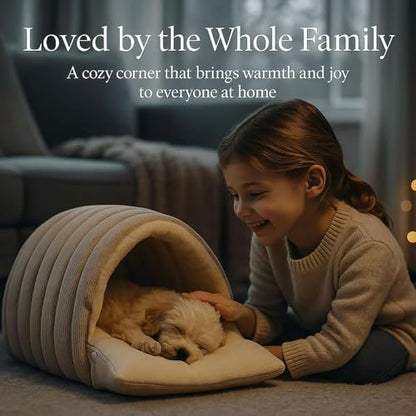 Panmall Cozy Cat Cave Bed, Enclosed Winter Cat House with Removable & Machine Washable Cover, Upgraded Warm Plush Cushion for Indoor Cats & Small Dogs (Beige)
