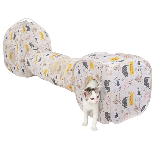 Kitty City Light Pink Cat-Themed Cat Play Furniture Set, Collapsible Pop-Up Cat Toys Combo with Cube, Tunnel & House, Indoor Cat Playground for Play, Hiding & Lounging - color: J) Cat Print Play Combo (Pink)
