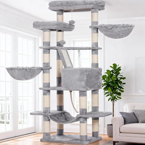 Heybly Cat Tree, 68 inch Multi-Level Cat Tower for Indoor Cats, 2 Widened Plush Perches Cat Condo with Scratching Board and Big Caves, Light Gray HCT025W - color: Light Gary, size: 68 inch