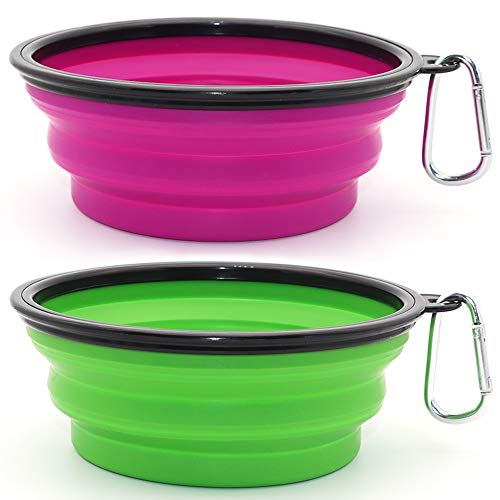 Dog Bowl Pet Collapsible Bowls, 2 Pack Collapsible Dog Water Bowls for Cats Dogs, Portable Pet Feeding Watering Dish for Walking Parking Traveling with 2 Carabiners (Large, Green+Purple) - color: Green+Purple, size: Large