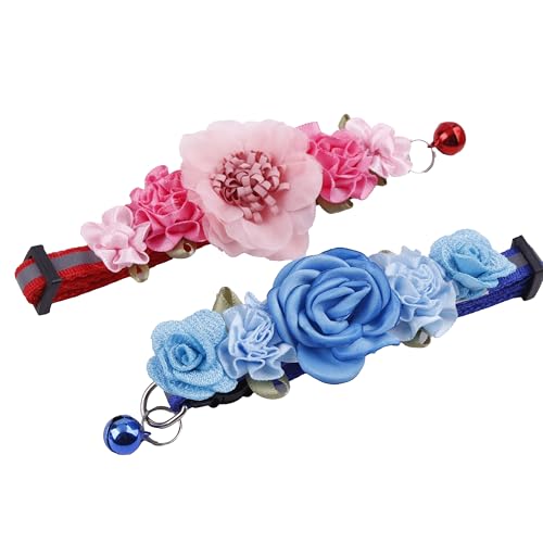 2 Pack Cat Collar Pink Floral with Bell and Removable Flower Bowtie Breakaway Adjustable Cat Collar for Girl Kitten Puppy Small Cats Dogs Daily Decoration (XQ10-9) - color: XQ10-9