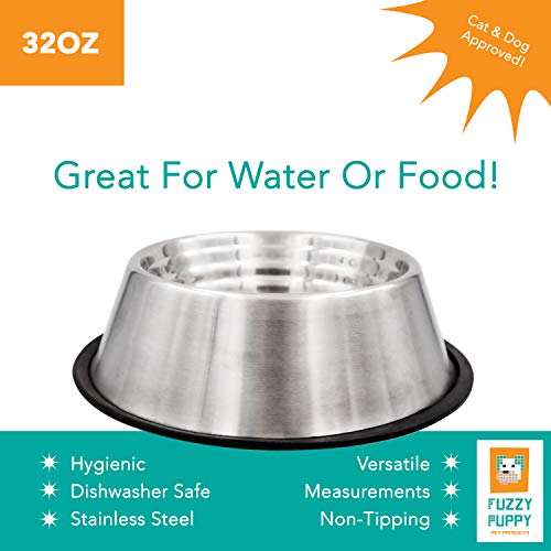 Non-Tip Dog Bowl with Rubber Base, Built-in Measurements, Won't Slip, Skid or Tip, Stainless Steel, 32oz (NTD-32) - size: 32 oz