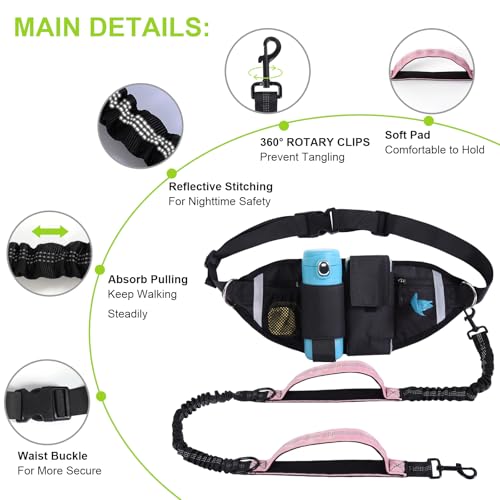 Hands Free Dog Leash, Waist Leash for Dog Walking, Running, Jogging, Waist Leashes with Adjustable Belt, Medium & Large Dogs Running Leashes Hands Free, Dual Padded Handles and Durable Bungee(Pink) - color: Pink