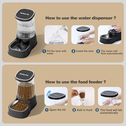 Automatic Pets Gravity Feeder and Water Dispenser Set with Stainless Steel Bowl, 1Gallon x 2 Stable Dog Food Feeder and Waterer, 100% BPA-Free for Small&Medium Dogs, Cats, Puppies(Black) - color: Black, size: 1 Gallon (Water & food dispenser)