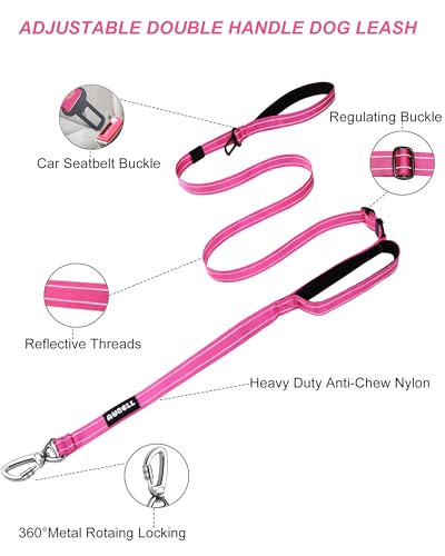 AUBELL Double Handle Tactical Dog Leash Heavy Duty for Small and Medium Large Dogs,Reflective Adjustable Nylon Leash that Pull with Car Seatbelt for Training,4.5-6FT,Pink - color: No bungee-Pink(4.5-6FT)