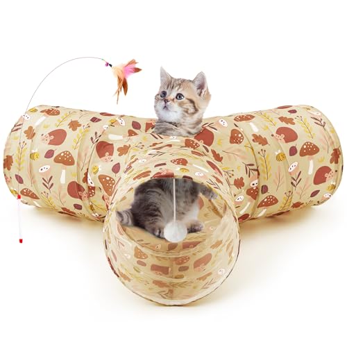 Tempcore Pet Cat Tunnel Tube Cat Toys 3 Way Collapsible, Cat Tunnels for Indoor Cats，Kitty Tunnel Bored Pet Toys Peek Hole Toy Ball Puppy, Kitty, Kitten, Rabbit Khaki Hedgehog - color: 3-Way Khaki Hedgehog, size: 3-way