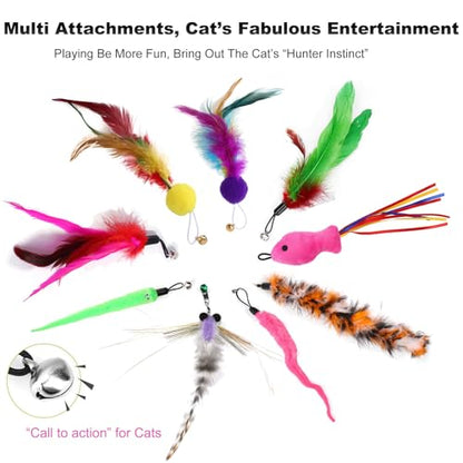 Interactive Cat Wand Toy Set, 11 Pcs with 2 Retractable Wands & Feather Refills, Indoor Chase and Exercise Teaser for Cats