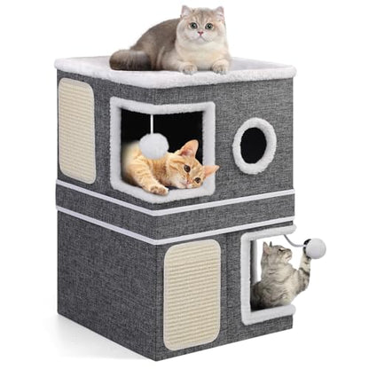 Shikha 2-Storey Cat Houses for Indoor Cats, Dual-Purpose Double Large Cat Beds Cave with Hideaway Condos, Scratch Pads, Fluffy Balls, Foldable Indoor Cat Cube House for Multi Small Pets Kitten, Grey - style: Grey