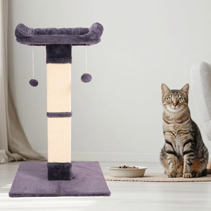 34" Cat Scratching Post for Indoor Cats, Sisal Cat Scratcher with Large Plush Perch, Vertical Posts with Elevated Bed and with Two Dangling Balls, Removable & Washable Cover, Dark Grey - color: Dark grey