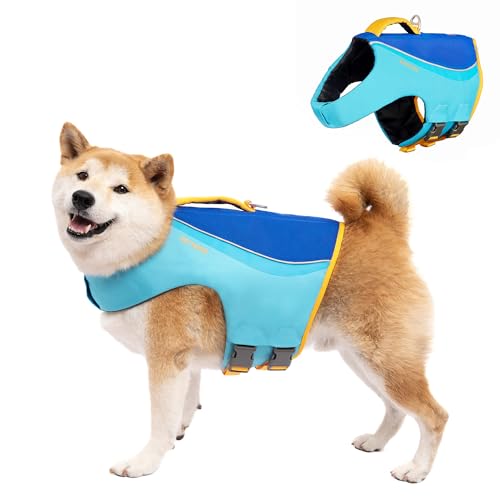 Tuff Pupper Dog Life Jacket | High Buoyancy Dog Swim Vest with Rescue Handle | Adjustable Secure Fit | Reflective Safety Trim | Pet Flotation Jacket for Swimming Boating Kayaking (Blue/Yellow, M) - size: Medium