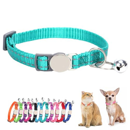 Teal Cat Collars with Bell, Reflective Soft Nylon Breakaway Kitten Collar with Bells, Break Away Puppy Collars for Xs Small Boy Male Dogs, Neck 7-11 Inch - color: Teal