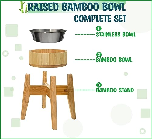 Elevated Dog Bowls for Large Breed - (15-Inch High) Raised Food/Water Bowl with Stand - Bamboo-Steel, Dry/Wet Food Suitable - color: Bamboo-N15, size: Height: 15" Bowl: 9.5"