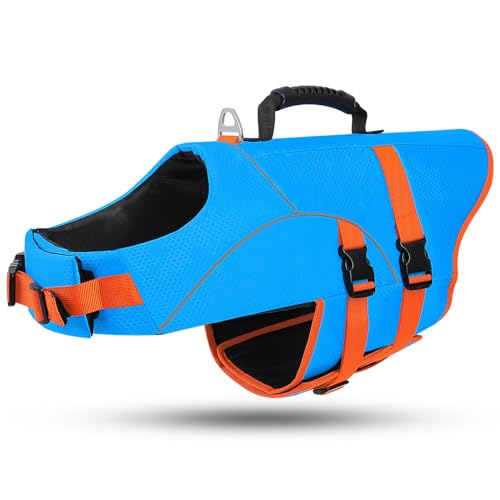 ASENKU Dog Life Jacket for Swimming & Boating, High Buoyancy Dog Life Vest with Rescue Handle, Reflective & Adjustable Fit for Small to Large Dogs (Blue, L) - color: Blue, size: Large