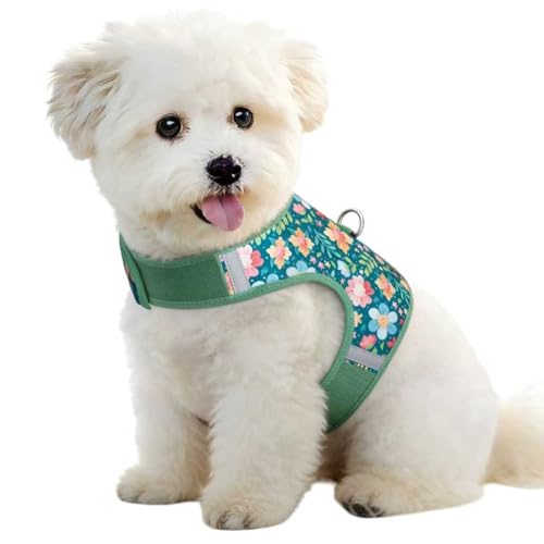 Dog Harness for Small Sized Dog,Hook-and-Loop Easy On/Off, Reflective Adjustable Soft Mesh Vest for Puppy (Green Floral Print,XXS) - color: Floral Print-Green, size: XXS(Neck:7.8-9.8",Chest:9.4-12.5")