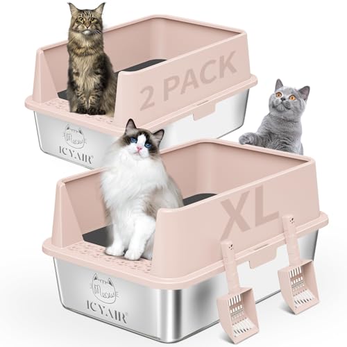 2PACK Stainless Steel Cat Litter Box with High Sides Lid, XL Litter Box for Big Multiple Cats, Extra Large Metal Kitty Litter Boxes with Anti-Leakage Enclosure, Non-Stick,Odorless,Scoop Included - color: 2PK-Light Pink