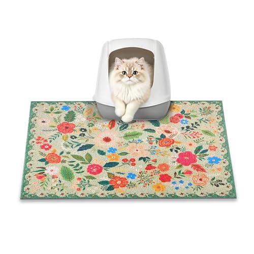 Cat Litter Mat, 24" x 16" Litter Box mat, Upgrade Non-Slip Kitty Litter mat, Traps 100% Litter, Soft on Kitty Paws, Easy Clean for Scatter Control, Bohe cat Food mat, Urine Waterproof - color: Green Garden, size: Small（24"x16"）