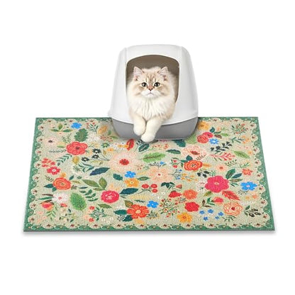 Cat Litter Mat, 24" x 16" Litter Box mat, Upgrade Non-Slip Kitty Litter mat, Traps 100% Litter, Soft on Kitty Paws, Easy Clean for Scatter Control, Bohe cat Food mat, Urine Waterproof - color: Green Garden, size: Small（24"x16"）