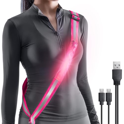 LED Belt Reflective Sash for Walking at Night, High Visibility Adjustable Night Running Safety Gear Rechargeable LED Light Up Running Belt Reflective Gear for Runners Walkers Men Women - color: red