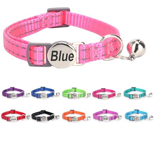 Engraved Personalized Cat Collar,Breakaway Safety Release Buckle,Reflective Kitten Collars with ID Name Tag,Adjustable Nylon Collar with Bell for Small Dogs Puppy Kitten Cat,Pink(7.5''-12.0'') - color: Pink