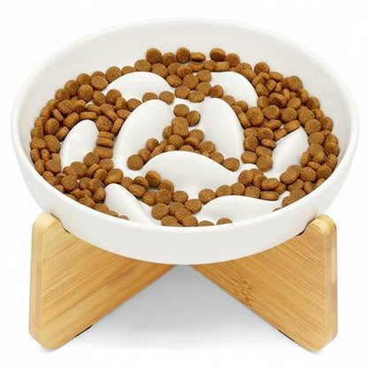 Non-Slip Rubberwood Elevated Cat Feeder Stand - 6.1"x3.5" Detachable Bowl Holder, Ergonomic Anti-Vomiting Raised Pet Dish Stand (White(Ceramic)-Bamboo Stand) - color: White(Ceramic)-Bamboo Stand