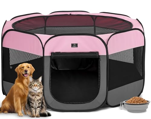 Dog Playpen for Small Dogs & Puppies, 50.39" Portable Indoor Outdoor Puppy Playpen with Bowl, Waterproof Floor, Foldable Pop-Up Pet Pen for Home, Travel & Daily Use, Pink+Grey - color: Pink+Grey, size: L(50.39"x50.39"x25")