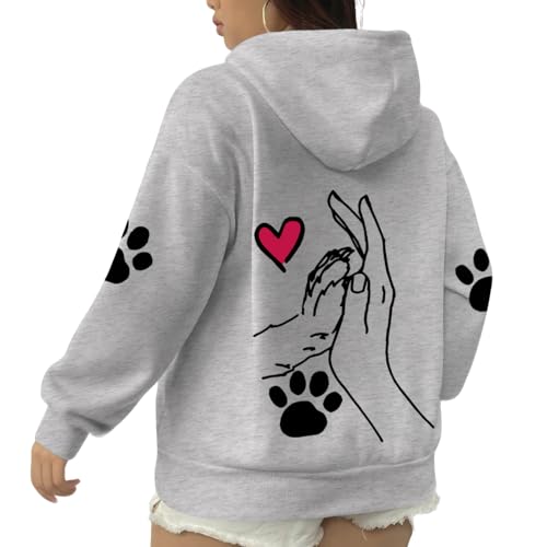Dog Paw Print Heart Sweatshirt for Women Pet Sweatshirts for Dog Lovers Cute Graphic Cotton Hoodies Pullover Tops - color: Gray, size: Small