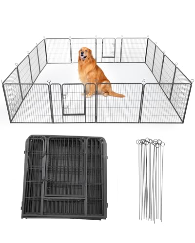 Garvee Outdoor Dog Playpen,Heavy Duty Metal Pet Exercise Pen,24 Inch, 16 Panels Metal Dog Fence with Gate, Pet Fence for Large/Small Dogs, Portable Dog Fence for RV Camping, Yard - size: 32"x24"x 16 pcs