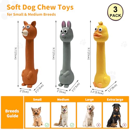 Latex Squeaky Dog Toys, 3 Pack Soft Rubber Dog Chew Toys, 8.7" Standing Stick Animal Pet Toy to Keep Them Busy, Interactive Fetch Squeak Toy for Puppy Small Medium Dogs - color: Yellow & Grey & Brown