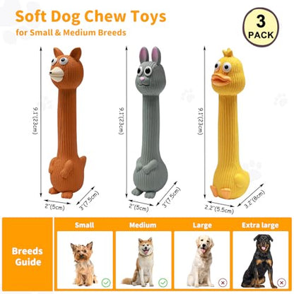 Latex Squeaky Dog Toys, 3 Pack Soft Rubber Dog Chew Toys, 8.7" Standing Stick Animal Pet Toy to Keep Them Busy, Interactive Fetch Squeak Toy for Puppy Small Medium Dogs - color: Yellow & Grey & Brown
