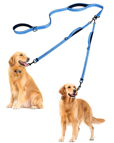 Double Dog Leash, No Tangle Dual Leash, Reflective Walking Training Lead, 4 Comfortable Padded Handles for 2 Dogs with Collapsible Bowl and Waste Bags (Light Blue, Large) - color: Light Blue