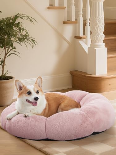 OhGeni 31 inches Calming Donut Orthopedic Dog & Cat Bed for Medium Pets, Warming Comfort Fluffy Short Pile Fur, Durable Waterproof Machine Washable Removable Cover, Cute Round Bed for Puppy, Pink - color: 3-Pink, size: L (31"L x 31"W x 9"Th)