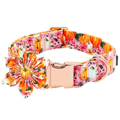 Fall Dog Collar, Pink Flower Pumpkin Print Adjustable Pet Collar Cute Cotton Soft Collars with Flower Metal Buckle Holiday Puppy Collars Boy&Girl Gift for X-Small Dogs - color: B:Fall Pumpkin, size: X-Small (Pack of 1)
