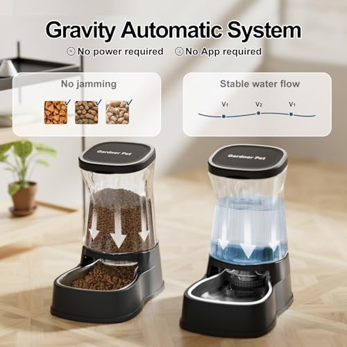 Automatic Pets Gravity Feeder and Water Dispenser Set with Stainless Steel Bowl, 1Gallon x 2 Stable Dog Food Feeder and Waterer, 100% BPA-Free for Small&Medium Dogs, Cats, Puppies(Black) - color: Black, size: 1 Gallon (Water & food dispenser)
