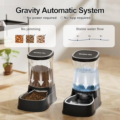 Automatic Pets Gravity Feeder and Water Dispenser Set with Stainless Steel Bowl, 1Gallon x 2 Stable Dog Food Feeder and Waterer, 100% BPA-Free for Small&Medium Dogs, Cats, Puppies(Black) - color: Black, size: 1 Gallon (Water & food dispenser)