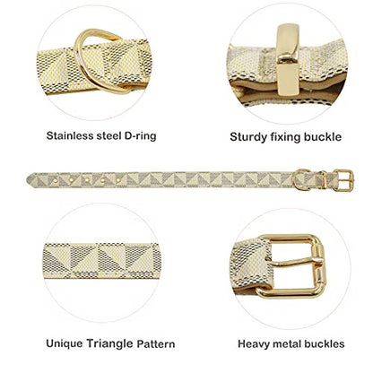 Leather Dog Collar and Leash Set, Check Pattern Dog Collar Leashes Metal Buckle Adjustable Durable for Small Medium Large Dogs (White, L(14.5-18.5IN)) - color: White, size: L(14.5-18.5IN)