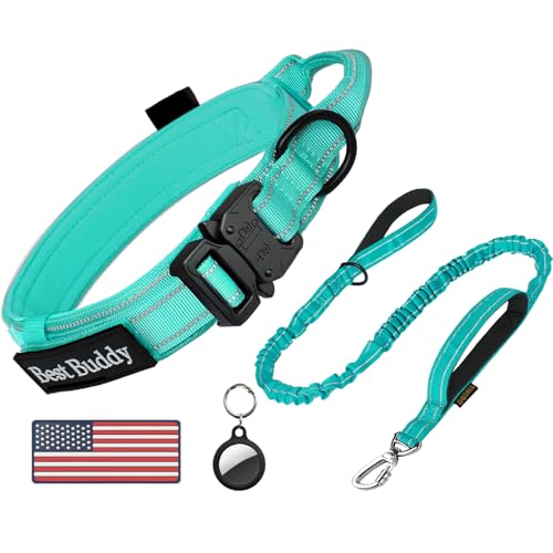 AUBELL Tactical Dog Collar and Leash Set, Reflective Adjustable Heavy Duty Military K9 Collars with Handle and Metal Buckle for Medium Dogs, with Airtag Case and 2 Patches(Teal,M) - color: Teal Set, size: M(13.5"-17")
