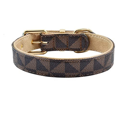 Leather Dog Collar and Leash Set, Check Pattern Dog Collar Leashes Metal Buckle Adjustable Durable for Small Medium Large Dogs (Brown, S(11.4-13.4IN)) - color: Brown, size: S(11.4-13.4IN)