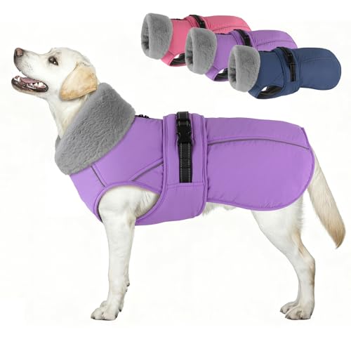 Dog Coat Large, Windproof Dog Jacket with Warm Fleece Lining, Thickened Collar Dogs Winter Coat, Adjustable Reflective Pet Coats for Cold Weather (Purple, XX-Large) - color: Purple, size: XX-Large