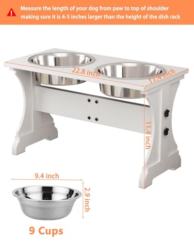 Modern Farmhouse Dog Bowls Stand, Elevated Dog Bowls with 2 Stainless Steel Wooden Bowls, 80 oz Bowl-White - color: White, size: 9 Cups 13.8"H_80 oz Bowl
