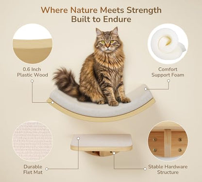 Cat Wall Shelf with Curved Hammock Bed, Wall Mounted Cat Perch with Beige Soft Foam Cushion, Floating Wall Furniture for Climbing, Sleeping & Lounging - color: Foam/Felt-Wood, size: 1 Curved Bed