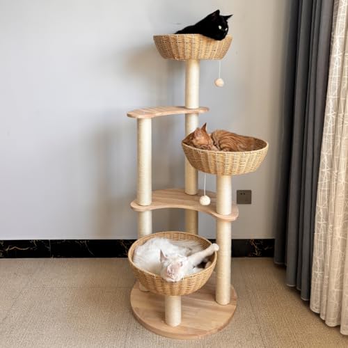 54" Modern Cat Tree for Large Cats, Wood Luxury Multi-Level Oak Solid Wood Cat Trees Cat Towers with 3 Rattan Weaving Cat Nests & Washable Cushions, Sisal Scratching Posts, for Indoor Cats-Lacquered - size: Large-Oiled1