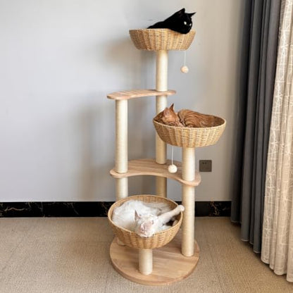 54" Modern Cat Tree for Large Cats, Wood Luxury Multi-Level Oak Solid Wood Cat Trees Cat Towers with 3 Rattan Weaving Cat Nests & Washable Cushions, Sisal Scratching Posts, for Indoor Cats-Lacquered - size: Large-Oiled1
