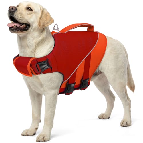 Queenmore XXL Dog Life Jacket, Dog Life Vest for Swimming Boating, Pet Swim Vest for Large Dogs, Ripstop High Visible Water Vests with Strong Rescue Handle, Red XXL - color: Red, size: XX-Large